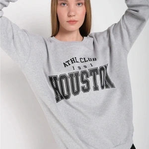 Kadın Gri Houston Baskılı Bisiklet Yaka Oversize Sweatshirt mdgnhouston