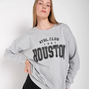 Kadın Gri Houston Baskılı Bisiklet Yaka Oversize Sweatshirt mdgnhouston