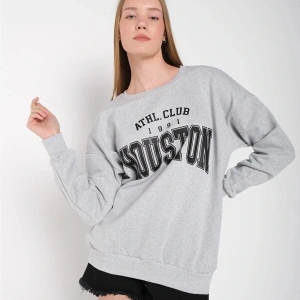 Kadın Gri Houston Baskılı Bisiklet Yaka Oversize Sweatshirt mdgnhouston
