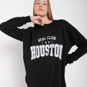Kadın Gri Houston Baskılı Bisiklet Yaka Oversize Sweatshirt mdgnhouston