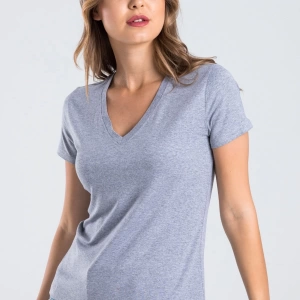 Kadın Gri Melanj Renk V Yaka Kısa Kollu Viskon T-shirt