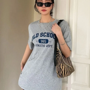 Kadın Gri School Baskılı Bisiklet Yaka Tshirt