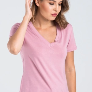 Kadın Gül Kurusu Renk V Yaka Kısa Kollu Viskon T-shirt