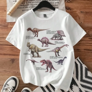 Kadın Günlük Dinozor Baskılı Bol Kesim Mürettebat Yaka İnce Kısa Kollu Beyaz Tişört,