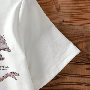 Kadın Günlük Dinozor Baskılı Bol Kesim Mürettebat Yaka İnce Kısa Kollu Beyaz Tişört,