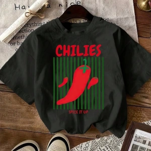 Kadın Günlük Domates ve Biber Yaz Tişörtü Grafik Yuvarlak Yaka Kısa Kollu Tişört