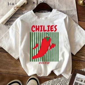 Kadın Günlük Domates ve Biber Yaz Tişörtü Grafik Yuvarlak Yaka Kısa Kollu Tişört