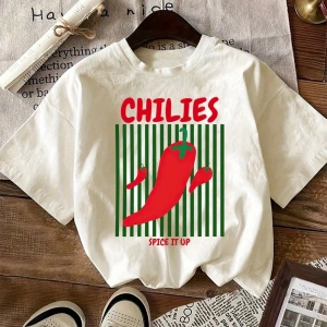 Kadın Günlük Domates ve Biber Yaz Tişörtü Grafik Yuvarlak Yaka Kısa Kollu Tişört
