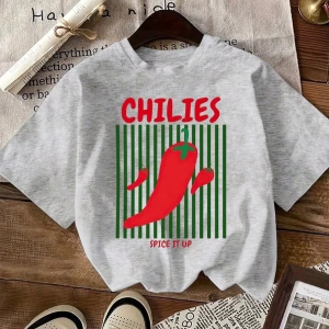 Kadın Günlük Domates ve Biber Yaz Tişörtü Grafik Yuvarlak Yaka Kısa Kollu Tişört