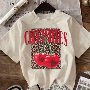 Kadın Günlük Üstler Tişörtler, Meyve Karpuz Portakal Kiraz Baget Desen Baskılı Üstler, Yazlık