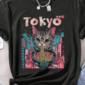 Kadın Günlük Üstler Tişörtler, Sevimli Kedi Deniz Ürünleri Ramen Desenli Baskılı Üstler, Hayv