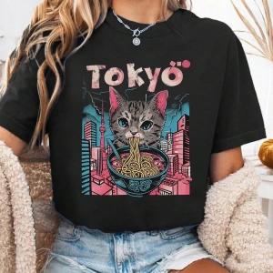 Kadın Günlük Üstler Tişörtler, Sevimli Kedi Deniz Ürünleri Ramen Desenli Baskılı Üstler, Hayv