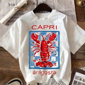 Kadın Günlük Yuvarlak Yaka Kısa Kollu Tişört Istakoz Desenli, CAPRI Yaz Plaj Tişörtü
