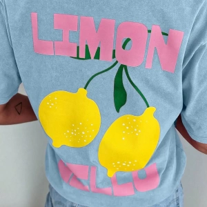 Kadın Günlük Yuvarlak Yaka Kısa Kollu Tişört Limon Çello Bahar Kıyafetleri Desenli