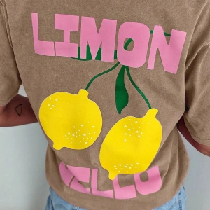 Kadın Günlük Yuvarlak Yaka Kısa Kollu Tişört Limon Çello Bahar Kıyafetleri Desenli