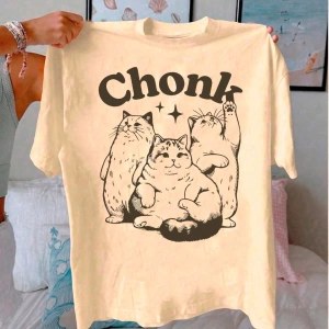 Kadın Günlük Yuvarlak Yaka Tişört Karikatür Kedi Baskılı, Polyester Örgü Kumaş, Kısa Kollu Ya