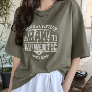 Kadın Haki Yeşil Original Vintage Raw Baskılı Oversize Bisiklet Yaka Tshirt