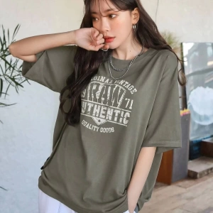 Kadın Haki Yeşil Original Vintage Raw Baskılı Oversize Bisiklet Yaka Tshirt