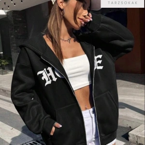 Kadın Hope Baskılı Fermuarlı Kapşonlu Oversize Siyah