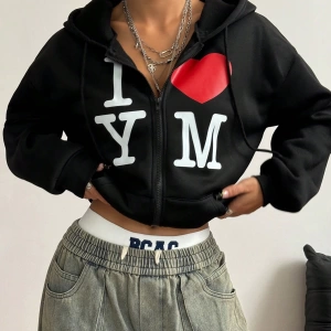 Kadın İlkbahar/Sonbahar Harf ve Kalp Baskılı Kapüşonlu Bol Paça Fermuarlı Sweatshirt Model 5200