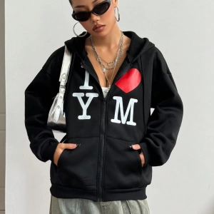 Kadın İlkbahar/Sonbahar Harf ve Kalp Baskılı Kapüşonlu Bol Paça Fermuarlı Sweatshirt Model 5200