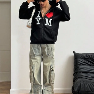 Kadın İlkbahar/Sonbahar Harf ve Kalp Baskılı Kapüşonlu Bol Paça Fermuarlı Sweatshirt Model 5200