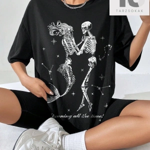 Kadın Kafatası Denizkızı Baskı Desen Rahat Büyük Boy Gömlek Yaz