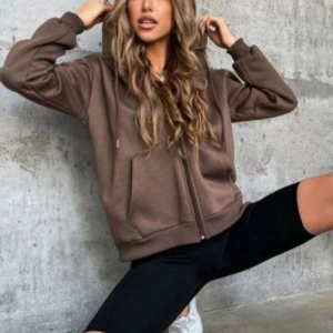 Kadın Kahverengi Düz Fermuarlı Kapüşonlu Ceket benisengiydirdüzceket Kahverengi