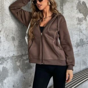 Kadın Kahverengi Düz Fermuarlı Kapüşonlu Ceket benisengiydirdüzceket Kahverengi