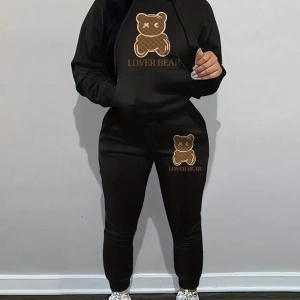 Kadın Kapşonlu Siyah Baskılı Bağcıklı Sweatshirt ve Jogger Pantolon İki Parçalı Takım
