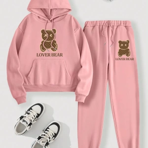 Kadın Kapşonlu Siyah Baskılı Bağcıklı Sweatshirt ve Jogger Pantolon İki Parçalı Takım