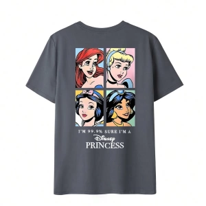 Kadın Karikatür Slogan Baskılı Mürettebat Yaka Kısa Kollu Günlük Tişört, Her Gün Moda Çok Yön