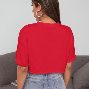 Kadın Kırmızı Bisiklet Yaka Oversize Crop T-shirt