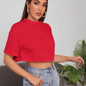 Kadın Kırmızı Bisiklet Yaka Oversize Crop T-shirt