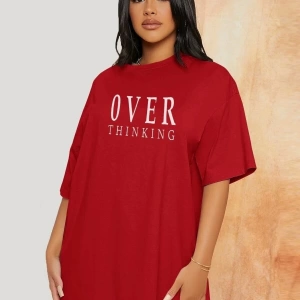 Kadın Kırmızı Over Thinking Baskılı Oversize T-shirt