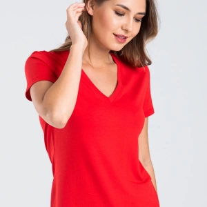 Kadın Kırmızı Renk V Yaka Kısa Kollu Viskon T-shirt