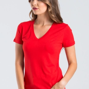 Kadın Kırmızı Renk V Yaka Kısa Kollu Viskon T-shirt