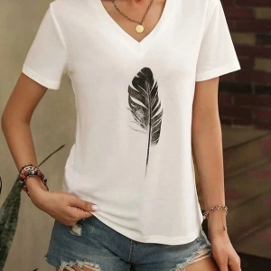 Kadın / Kız V Yaka Tüy Desen Baskılı Beyaz Oversize T-shirt Salaş