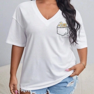 Kadın / Kız V Yaka Tüy Desen Baskılı Beyaz Oversize T-shirt Salaş