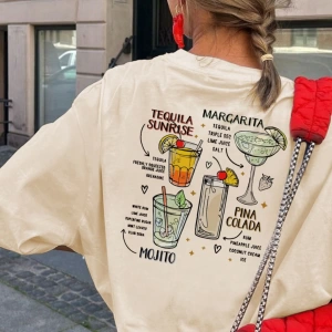 Kadın Kokteyl Slogan Baskılı Yuvarlak Yaka Kısa Kollu Günlük Tişört, İlkbahar/Yaz İçin Çok Yö