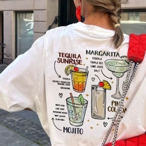 Kadın Kokteyl Slogan Baskılı Yuvarlak Yaka Kısa Kollu Günlük Tişört, İlkbahar/Yaz İçin Çok Yö