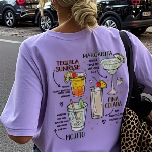 Kadın Kokteyl Slogan Baskılı Yuvarlak Yaka Kısa Kollu Günlük Tişört, İlkbahar/Yaz İçin Çok Yö