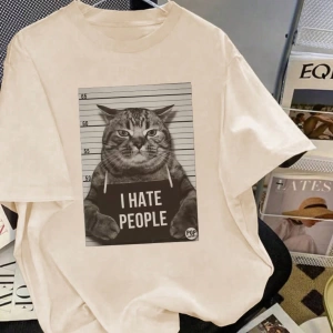 Kadın Komik Kedi Mektup Baskılı Yuvarlak Yaka Kısa Kollu Basit Günlük Tişört