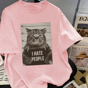 Kadın Komik Kedi Mektup Baskılı Yuvarlak Yaka Kısa Kollu Basit Günlük Tişört