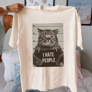 Kadın Komik Kedi Mektup Baskılı Yuvarlak Yaka Kısa Kollu Basit Günlük Tişört