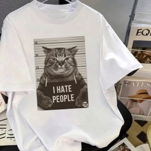Kadın Komik Kedi Mektup Baskılı Yuvarlak Yaka Kısa Kollu Basit Günlük Tişört
