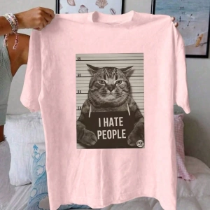 Kadın Komik Kedi Mektup Baskılı Yuvarlak Yaka Kısa Kollu Basit Günlük Tişört