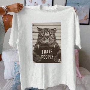 Kadın Komik Kedi Mektup Baskılı Yuvarlak Yaka Kısa Kollu Basit Günlük Tişört