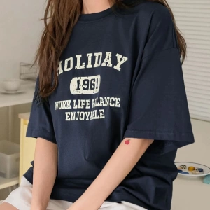 Kadın Lacivert Holıday Baskılı Bisiklet Yaka Tshirt