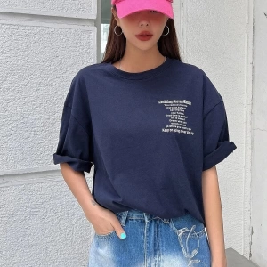 Kadın Lacivert Nothing For Nothing Baskılı Oversize T-shirt